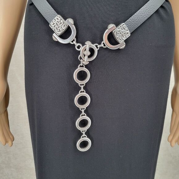 Chico's Hip Belt Black Leather and Silver Toned Chain and Toggle Style Buckle - Picture 2 of 12